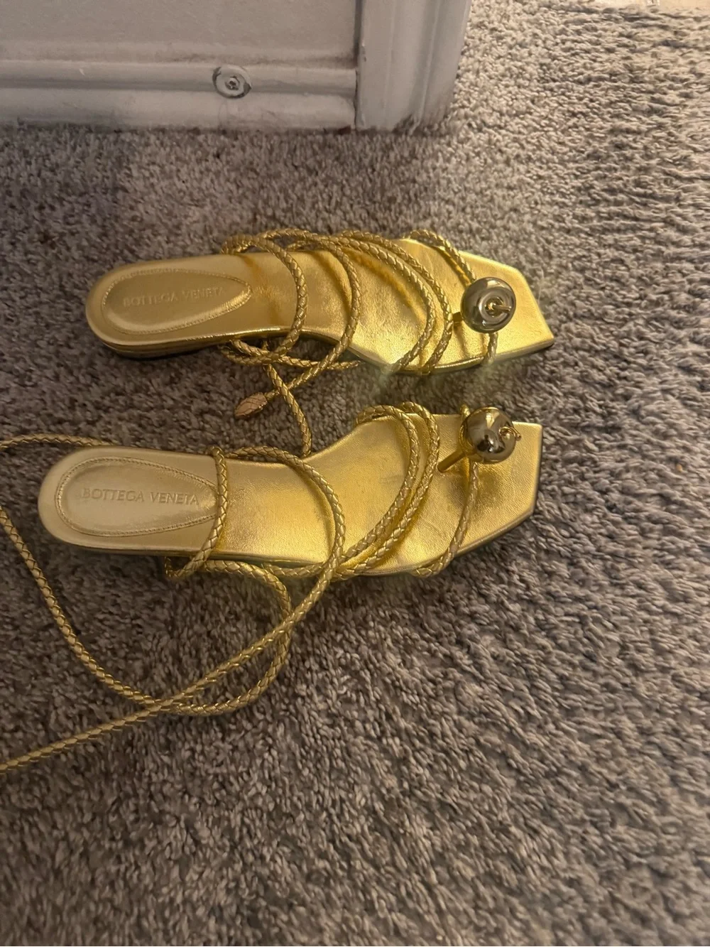 Bottega Veneta Gold Braided Lace-Up Espadrille Sandals